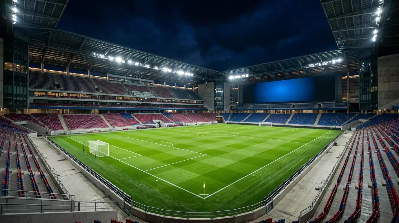 Een leeg, verlicht WK-stadion met het speelveld klaar voor een knock-outwedstrijd