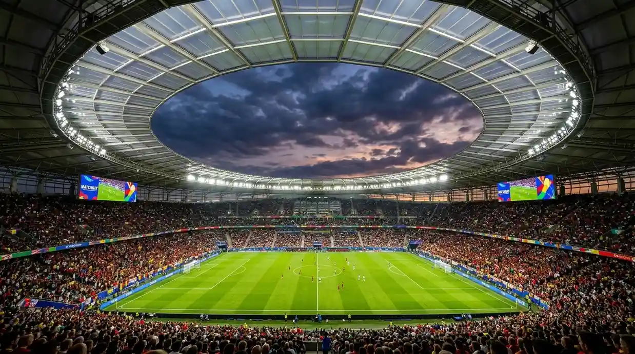 Het SoFi Stadium in Los Angeles bij zonsondergang, moderne architectuur met overdekt dak