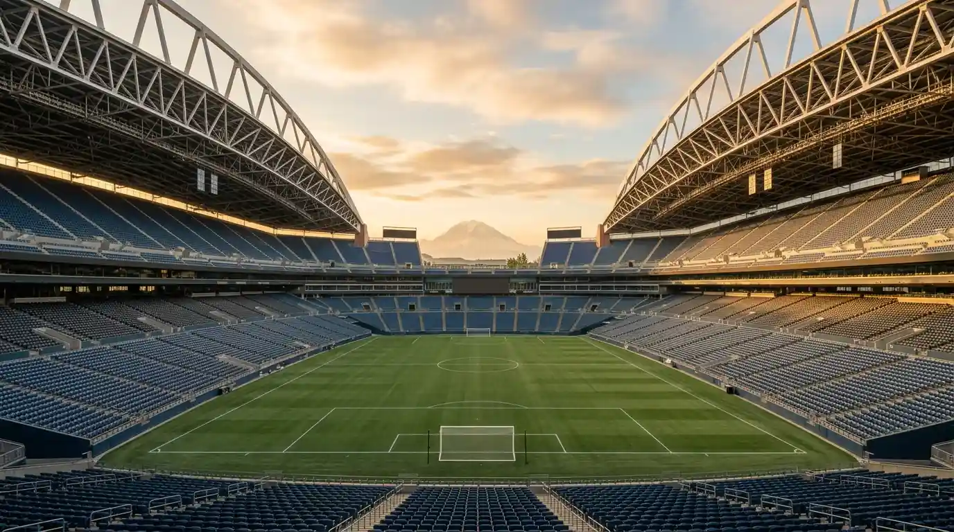 Lumen Field in Seattle, leeg stadion bij zonsondergang met een bergsilhouet op de achtergrond