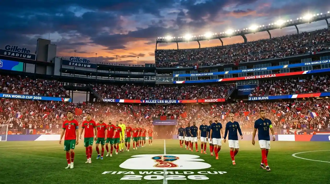 Het Gillette Stadium in Foxborough bij valavond met felle stadionlichten en een uitzinnige menigte