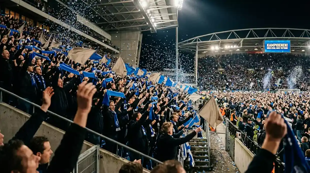 Een uitzinnige menigte voetbalsupporters viert feest op de tribune van een stadion
