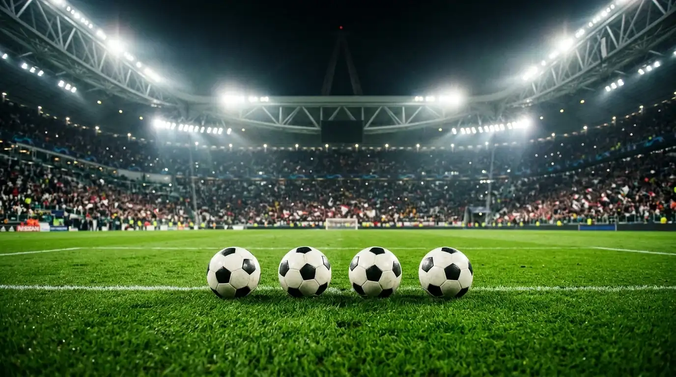 Een leeg modern stadion bij valavond met sfeervolle verlichting, klaar voor een knock-outwedstrijd