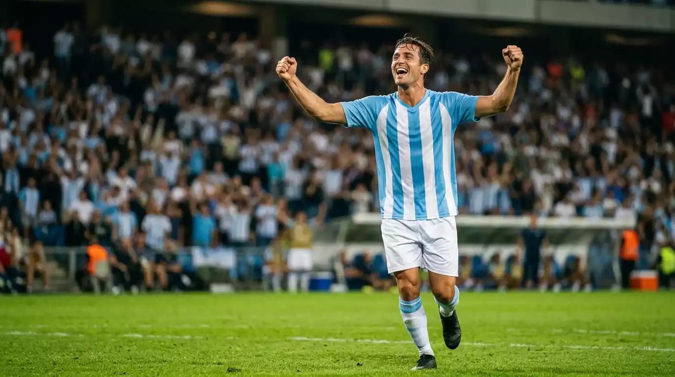 Lionel Messi viert een doelpunt in een Argentijns shirt op het WK 2026