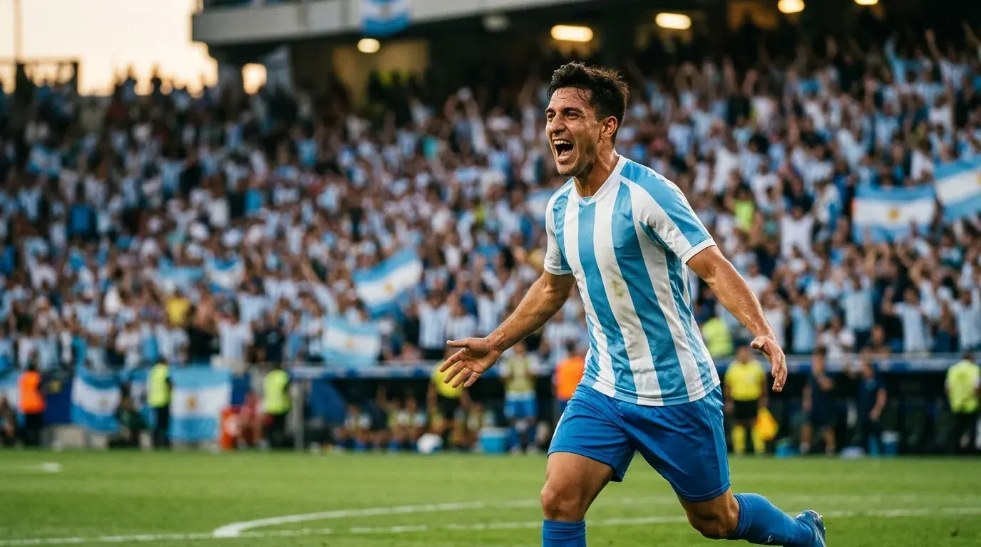 Lionel Messi viert een doelpunt in een Argentijns shirt op het WK 2026
