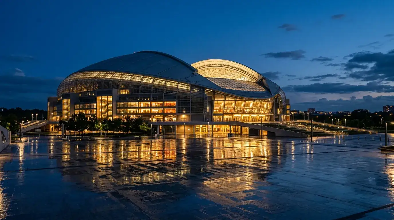 BC Place stadion in Vancouver bij avondlicht met sfeerverlichting
