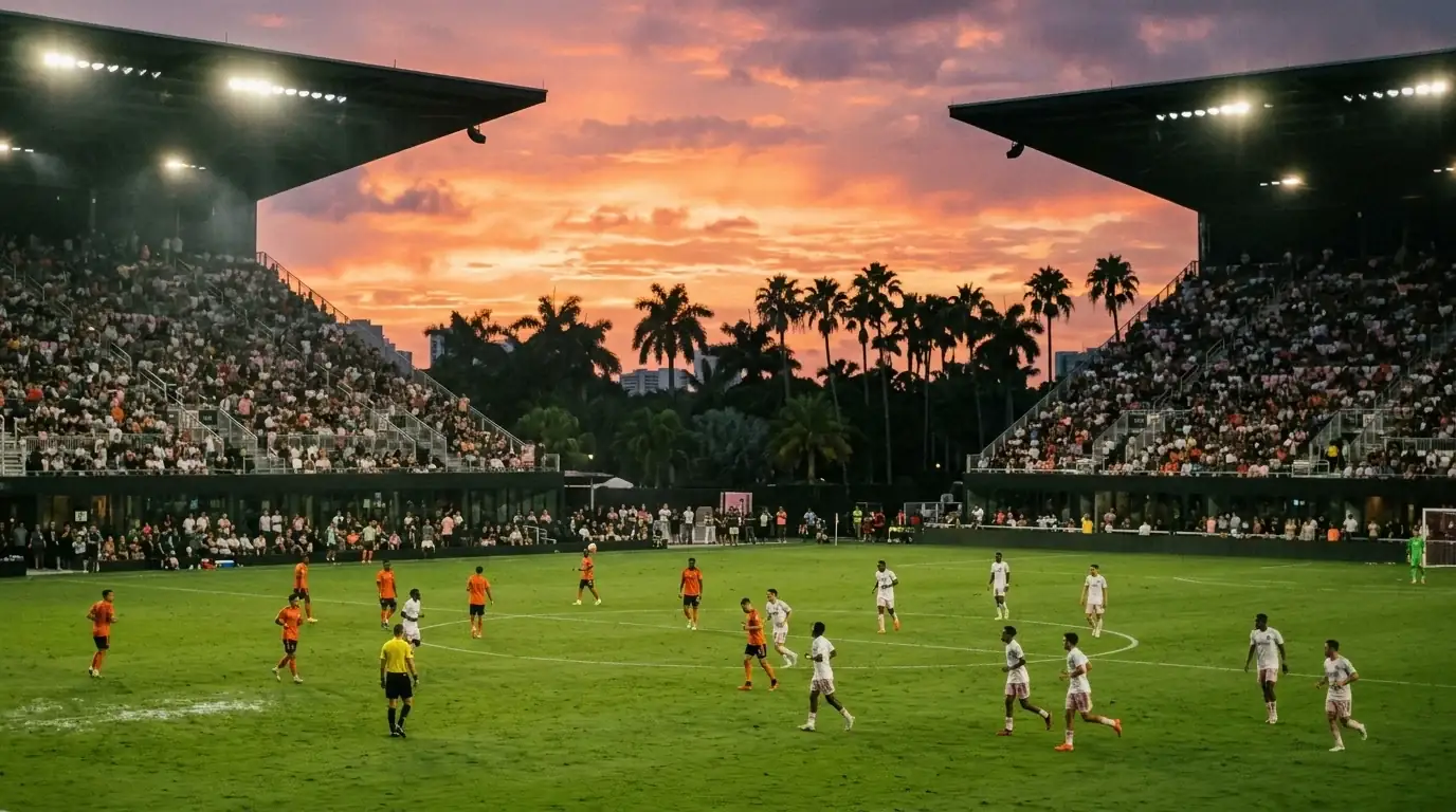 Het Hard Rock Stadium in Miami bij tropische avond, met palmen op de achtergrond en felle stadionlichten