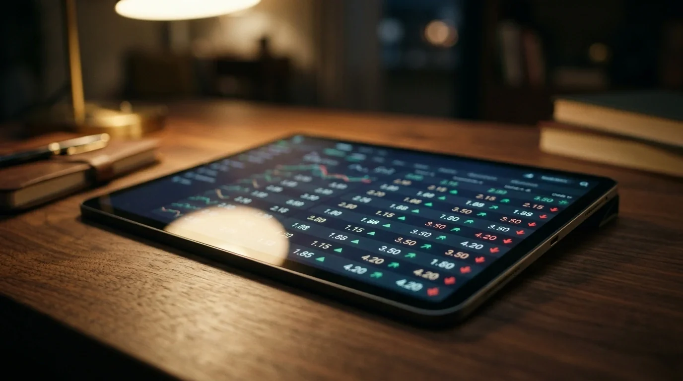 Trader-stijl close-up van een tablet waarop quoteringentabellen oplichten