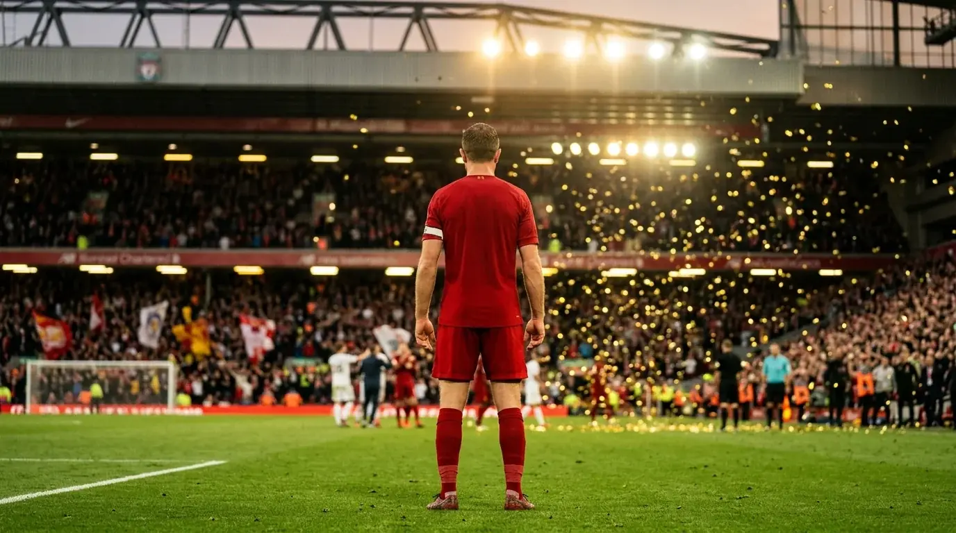 Een voetbalaanvoerder van achteren gefotografeerd op een verlicht veld met de aanvoerdersband om zijn arm, confetti in de lucht en een vol stadion op de achtergrond