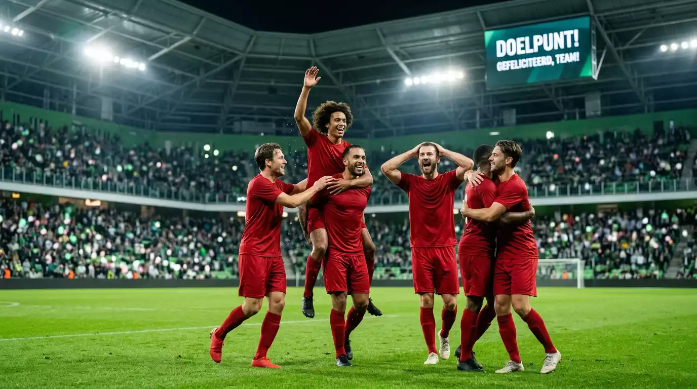 Belgische spelers vieren een doelpunt tijdens de WK 2026-wedstrijd tegen Nieuw-Zeeland