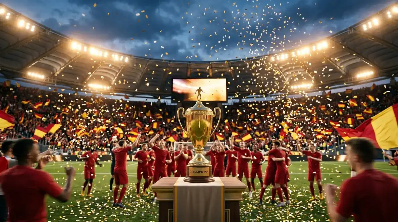 Een gouden wereldbekertrofee op een podium in een vol openluchtstadion, met confetti in de lucht en juichende spelers in het rood op de achtergrond