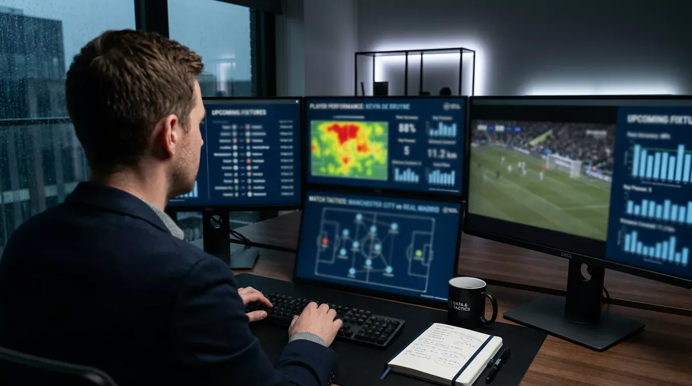 Voetbalanalyse met statistieken en data op een scherm tijdens wedstrijdvoorbereiding