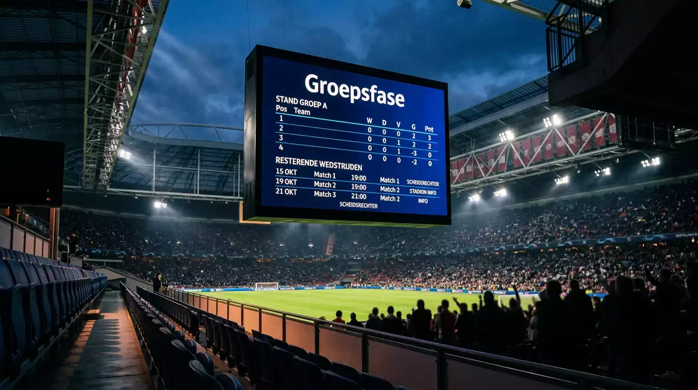 Stadionovergang in de avond met scoreboard dat groepsfase WK 2026 toont