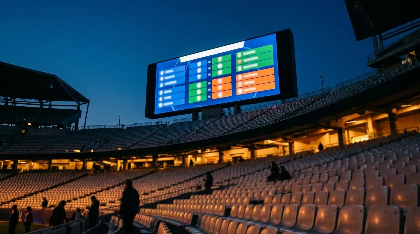 Stadionovergang in de avond met scoreboard dat groepsfase WK 2026 toont