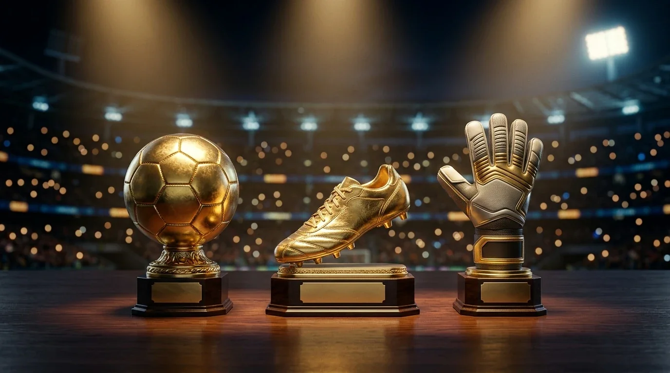Een rij gouden en zilveren voetbalonderscheidingen op een donkere presentatietafel, uitgelicht met warm spotlicht in een stadion